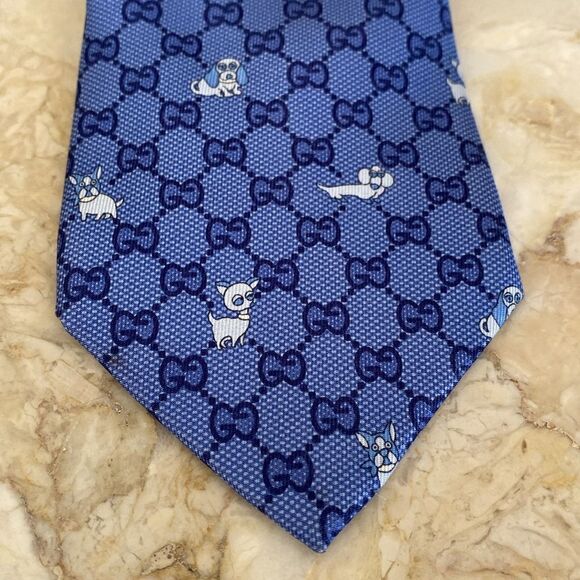 GUCCI Interlocking GG Dog Pattern Blue/Navy 100% Silk Tie - Picture 4 of 14
